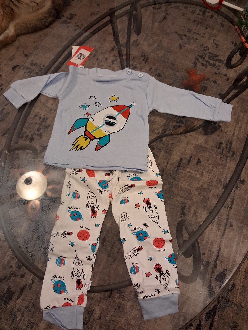 Toddler Rocket Print Pajama Set - Light Blue and White